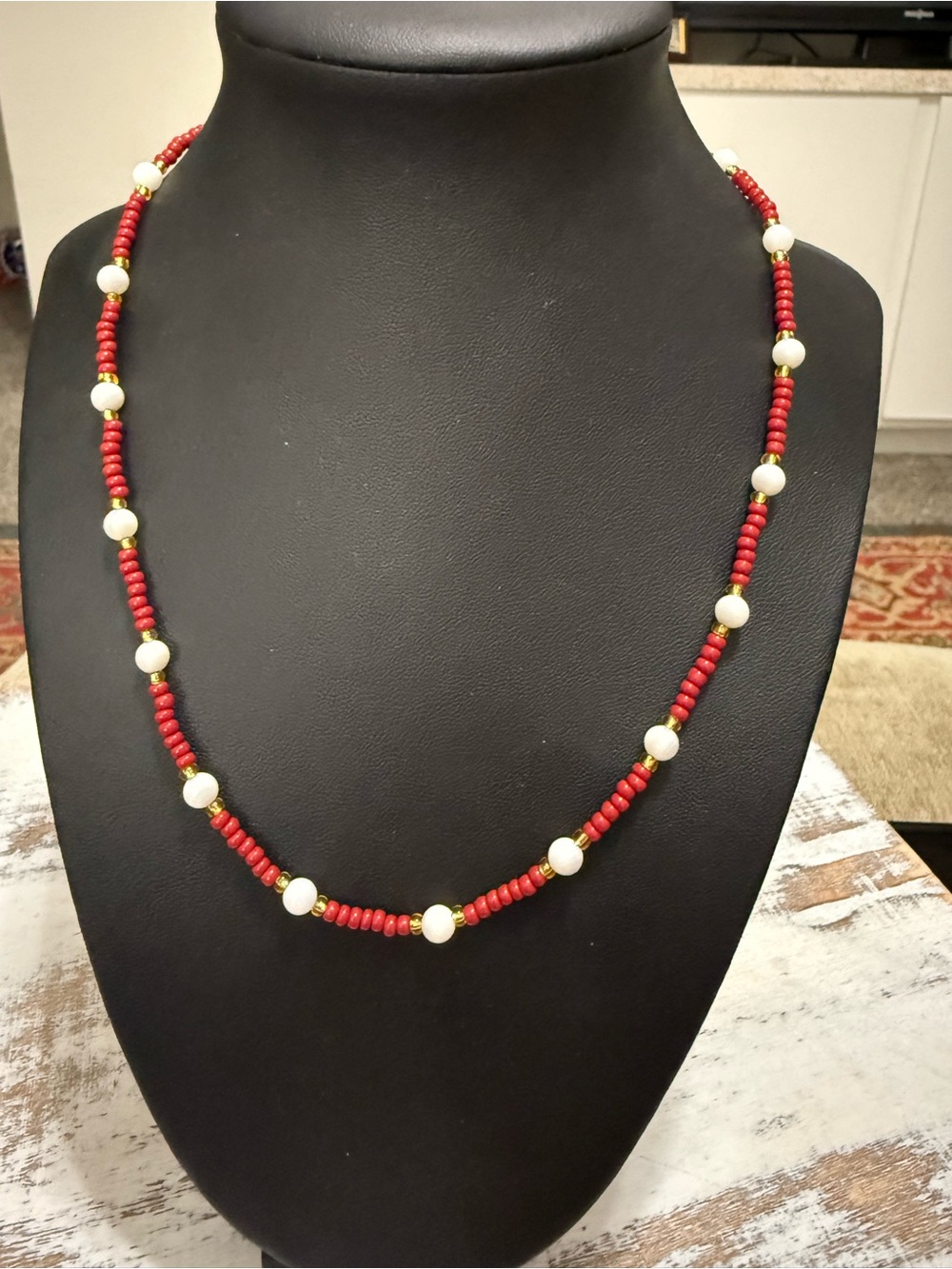 Red Beaded Pearl Accent Necklace by